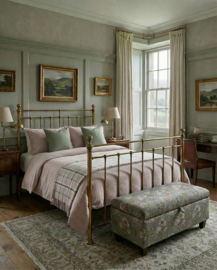 11. Traditional Light Green Bedroom with Brass Accents - light green bedroom ideas