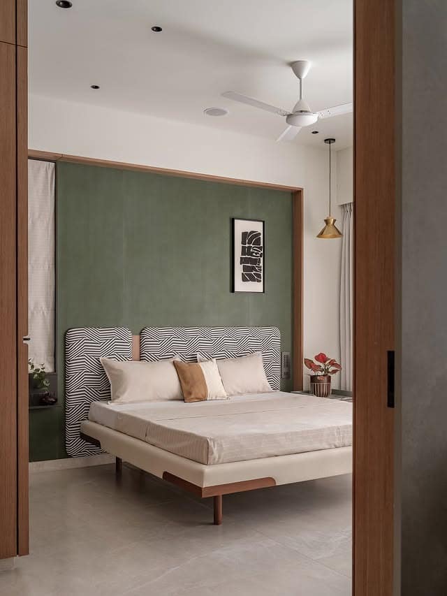 12. Modern Light Green Panel Wall Bedroom - light green bedroom ideas