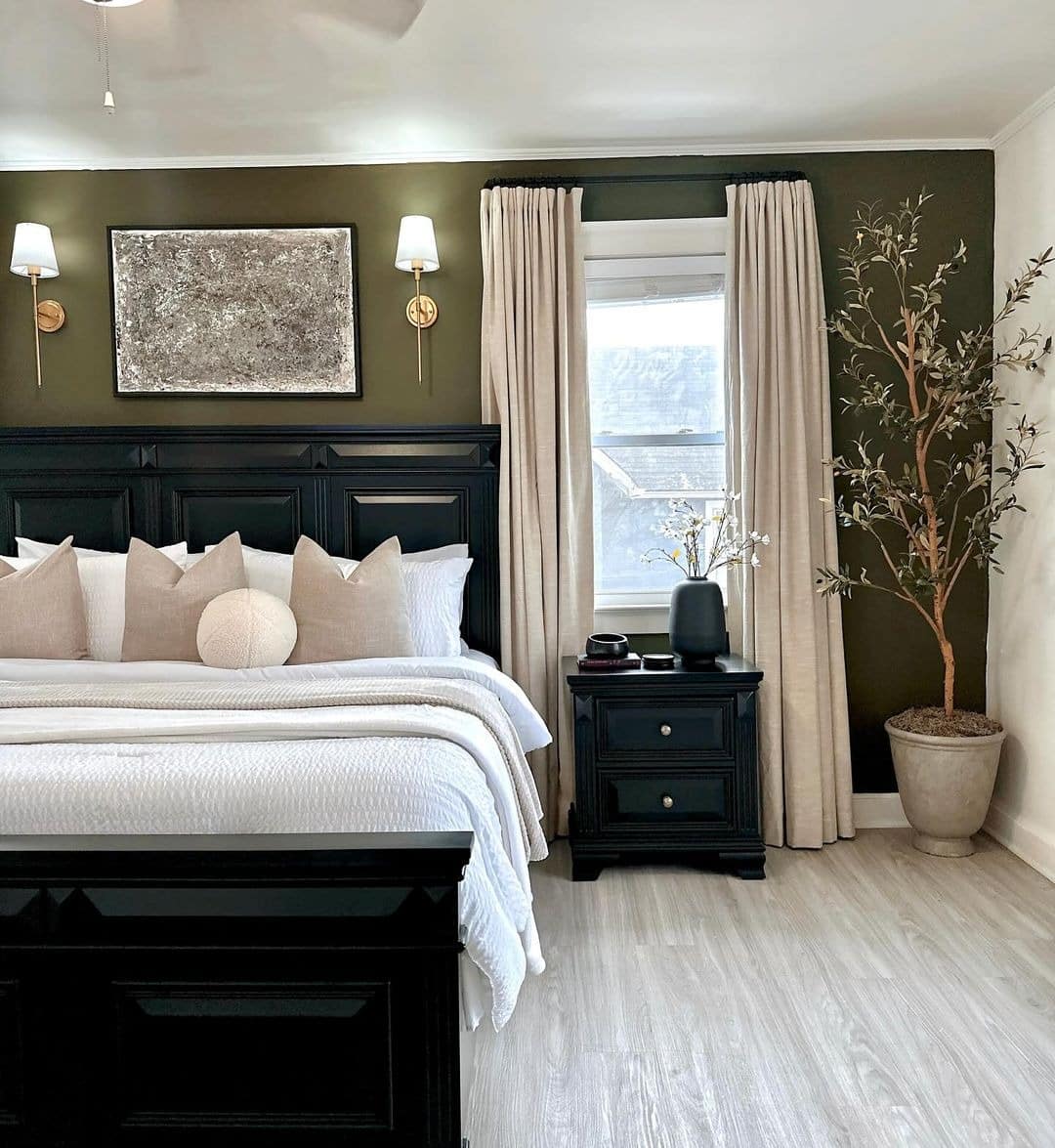 14. Moody Olive Green Bedroom with Dark Wood - light green bedroom ideas