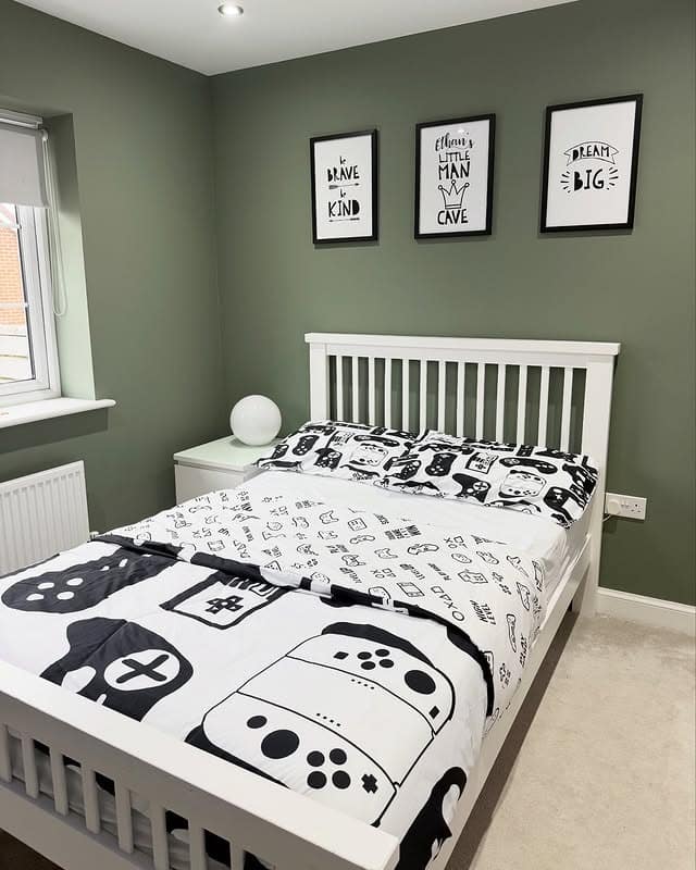 18. Light Green Kids Bedroom with Graphic Accents - light green bedroom ideas