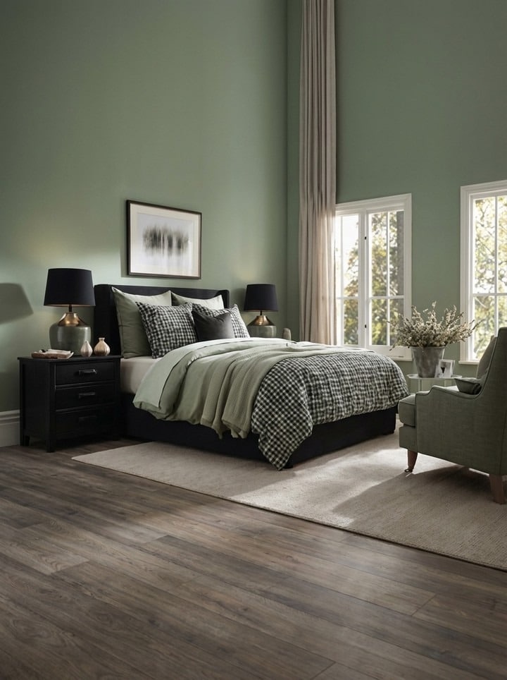 20. Tall Ceiling Light Green Bedroom with Layered Neutrals - light green bedroom ideas