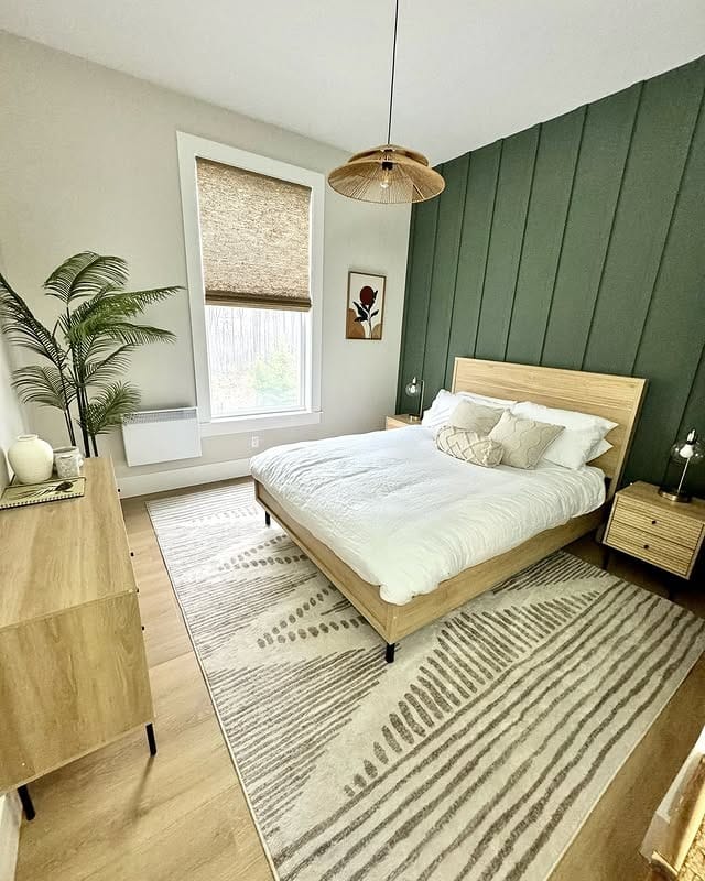 22. Modern Light Green Slat Wall Bedroom - light green bedroom ideas