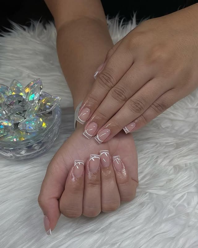 2. Short Square Nude Nails with Double White French Lines - simple line nail ideas