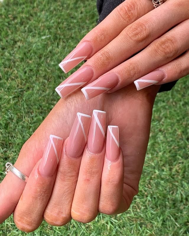 6. Long Square Pink-Nude Nails with Diagonal White Lines - simple line nail ideas