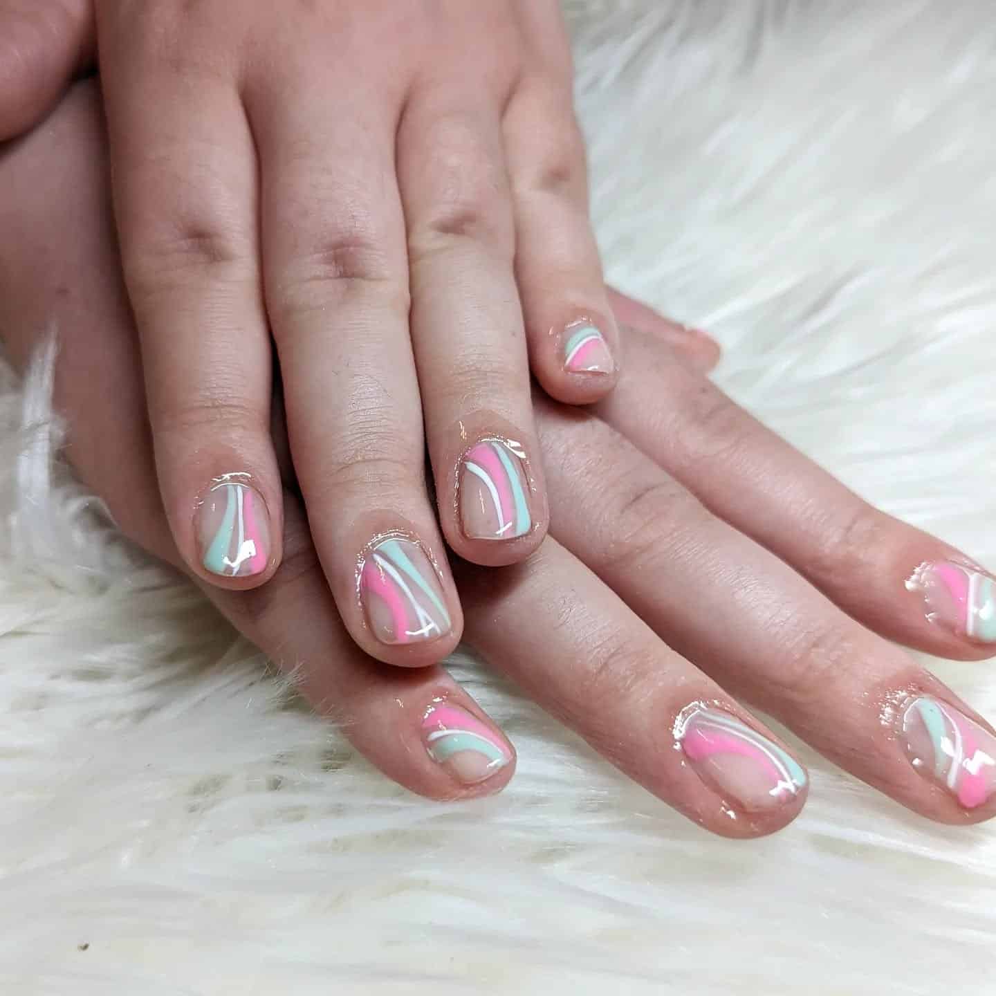 8. Short Square Nails with Pastel Line Art - simple line nail ideas