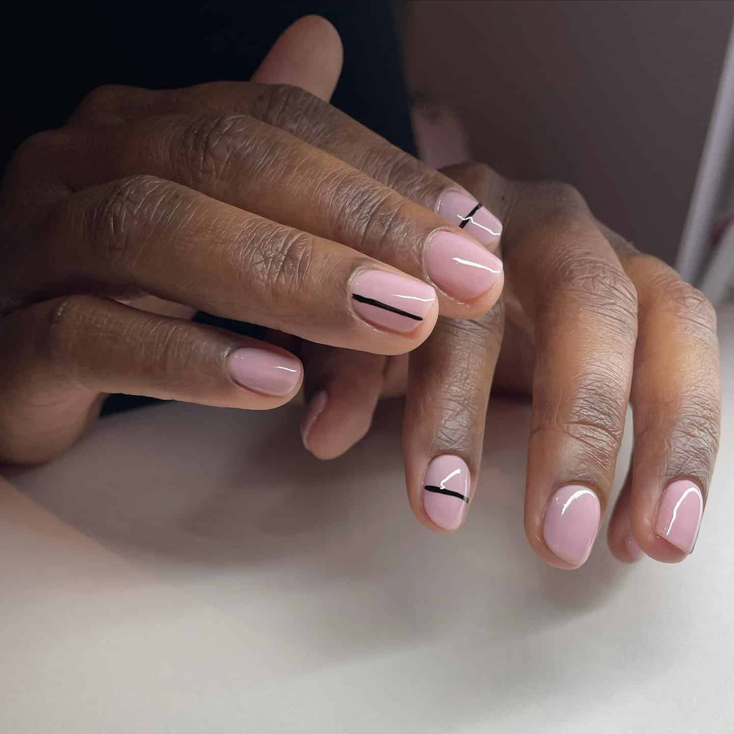 10. Short Natural Nails with Black Minimal Line Detail - simple line nail ideas