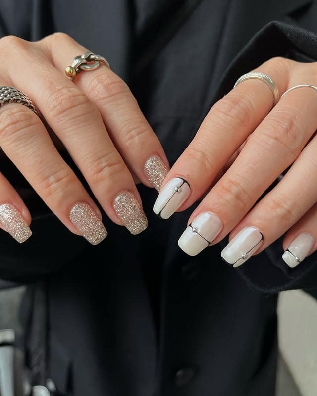 12. Square Neutral Nails with Black Line and Crystal Accents - simple line nail ideas