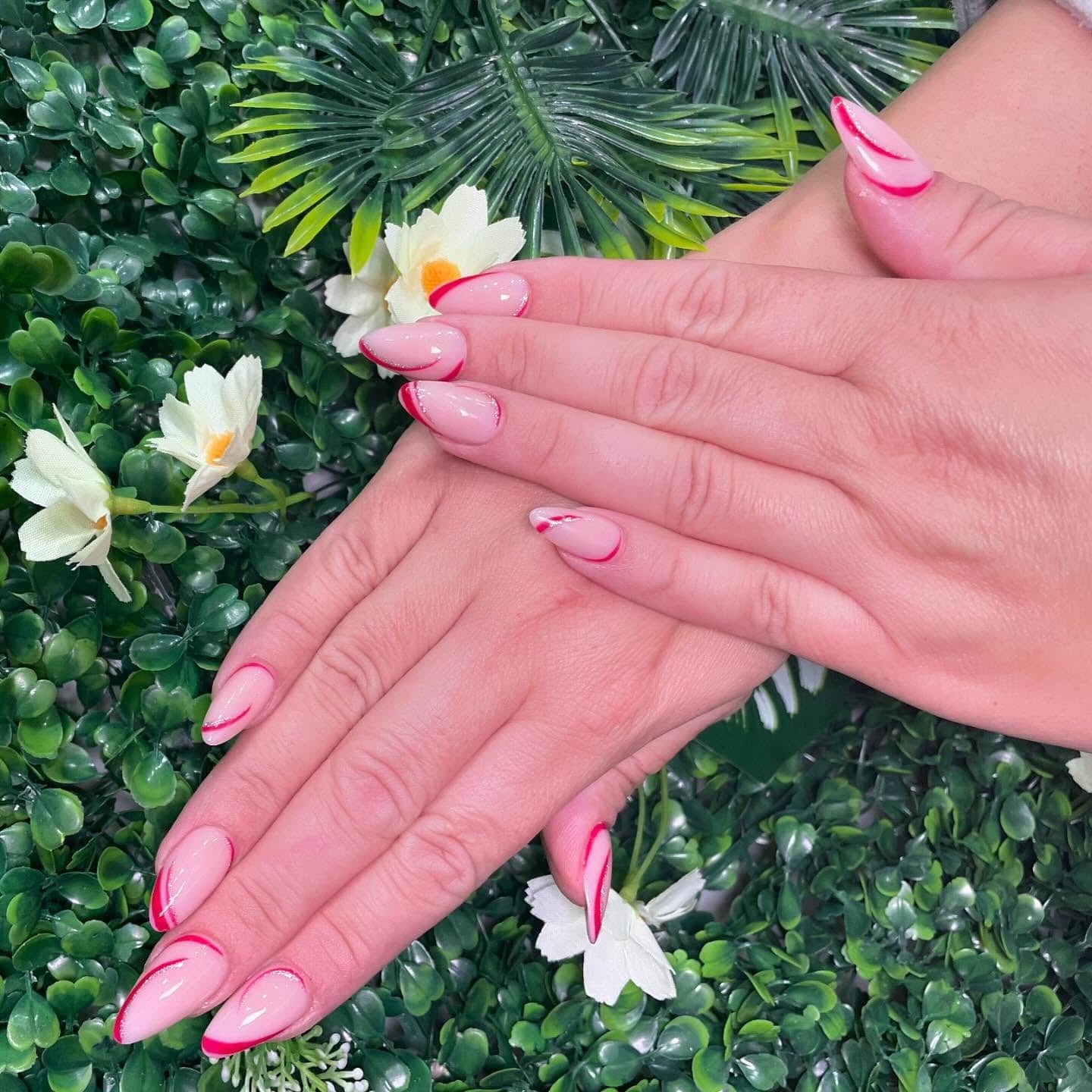 14. Almond Pink Nails with Red French Line Accents - simple line nail ideas
