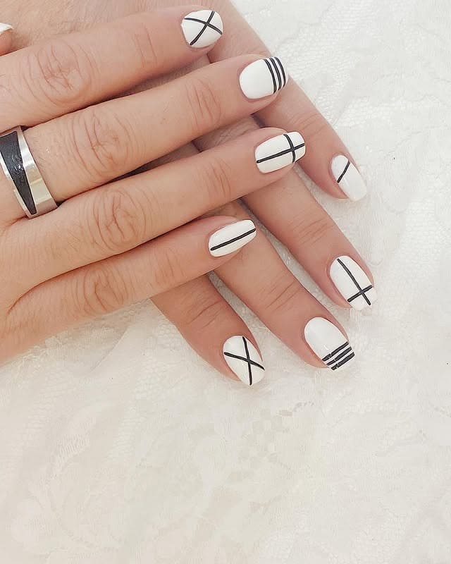 18. Short White Nails with Black Linear Geometry - simple line nail ideas