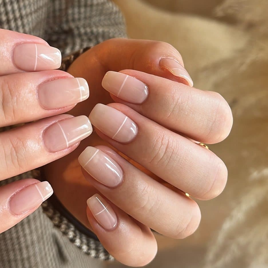 22. Short Square Nude Nails with White Micro Line Accents - simple line nail ideas