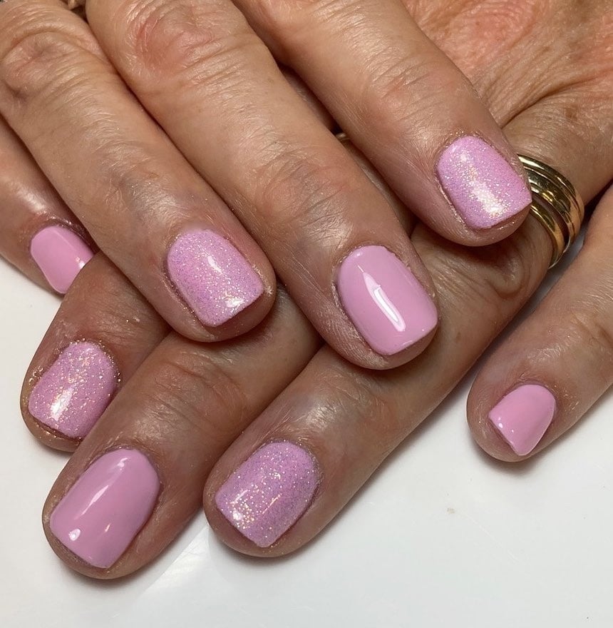 2. Short Pink Shimmer Classic Square - sparkly pink nail ideas