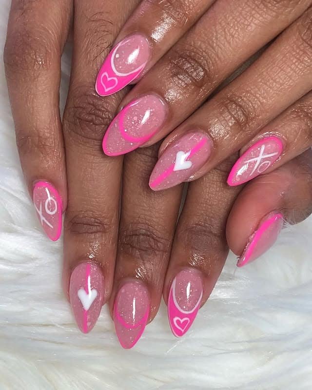 6. Pink Glitter Almond with Graphic Heart Art - sparkly pink nail ideas