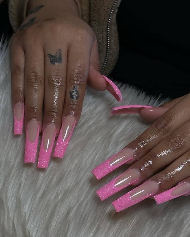 7. Long Coffin Pink Glitter French - sparkly pink nail ideas