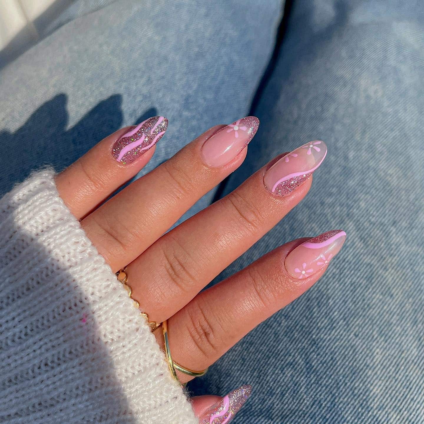 9. Blush Pink Almond with Glitter Waves and Florals - sparkly pink nail ideas