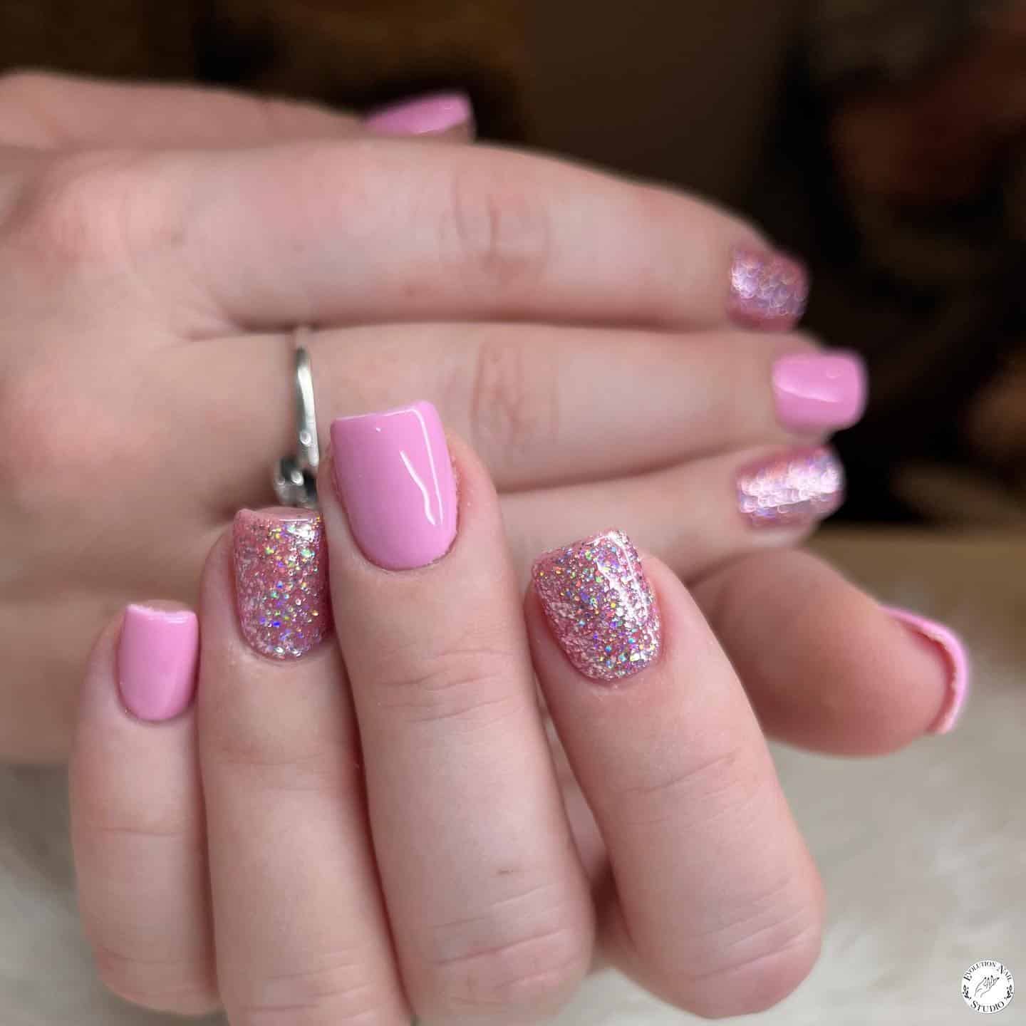 10. Pastel Pink Gloss with Chunky Glitter Accents - sparkly pink nail ideas