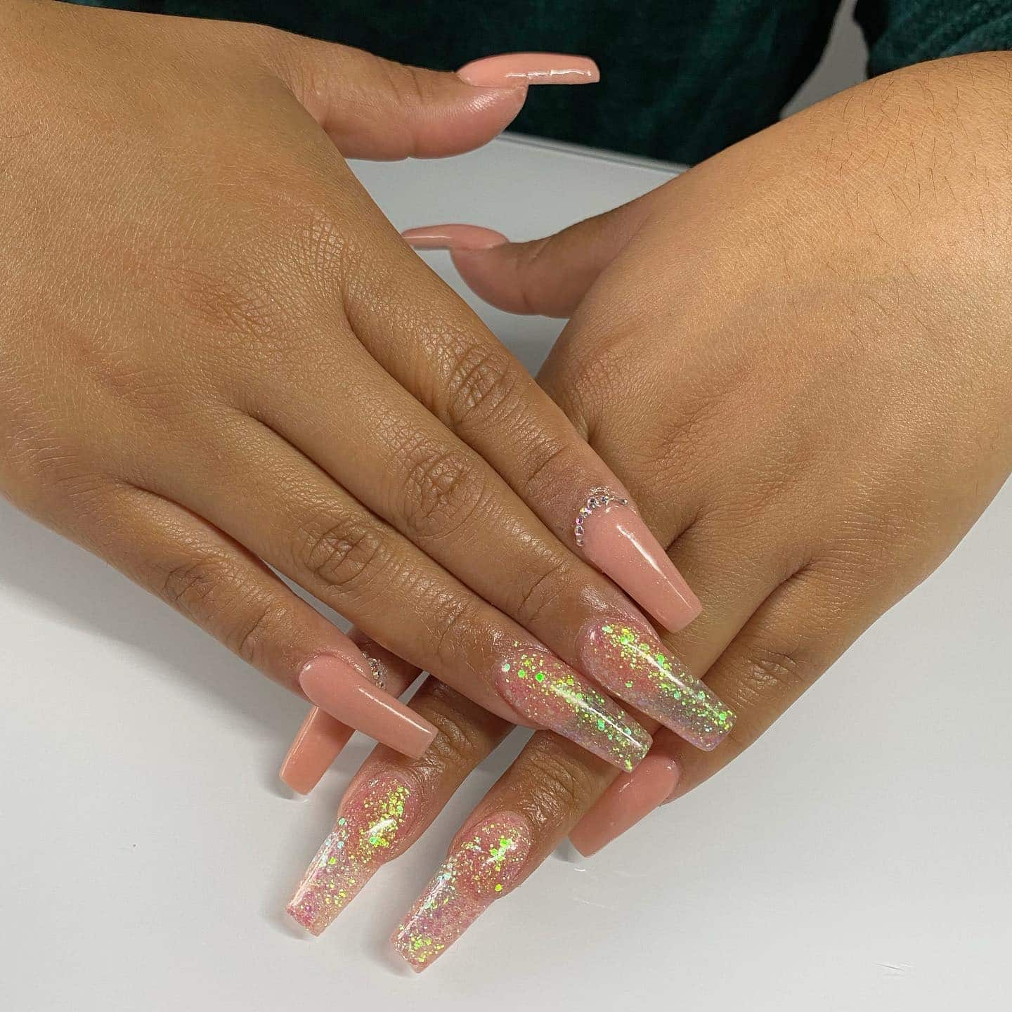 12. Peachy Pink Coffin with Iridescent Glitter Inlay - sparkly pink nail ideas