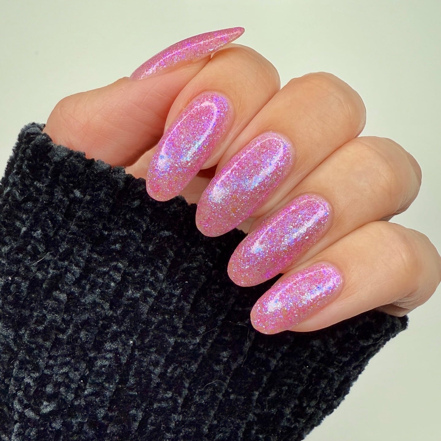 16. Soft Pink Chrome-Effect Almond - sparkly pink nail ideas