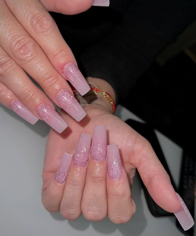 18. Pink Ombre Glitter Coffin Fade - sparkly pink nail ideas