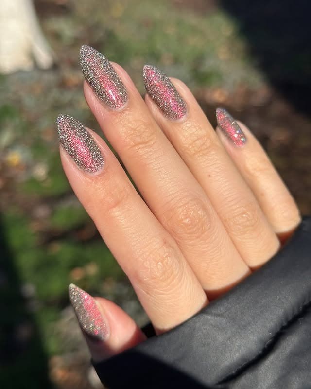 19. Smoky Pink Multitone Glitter Almond - sparkly pink nail ideas