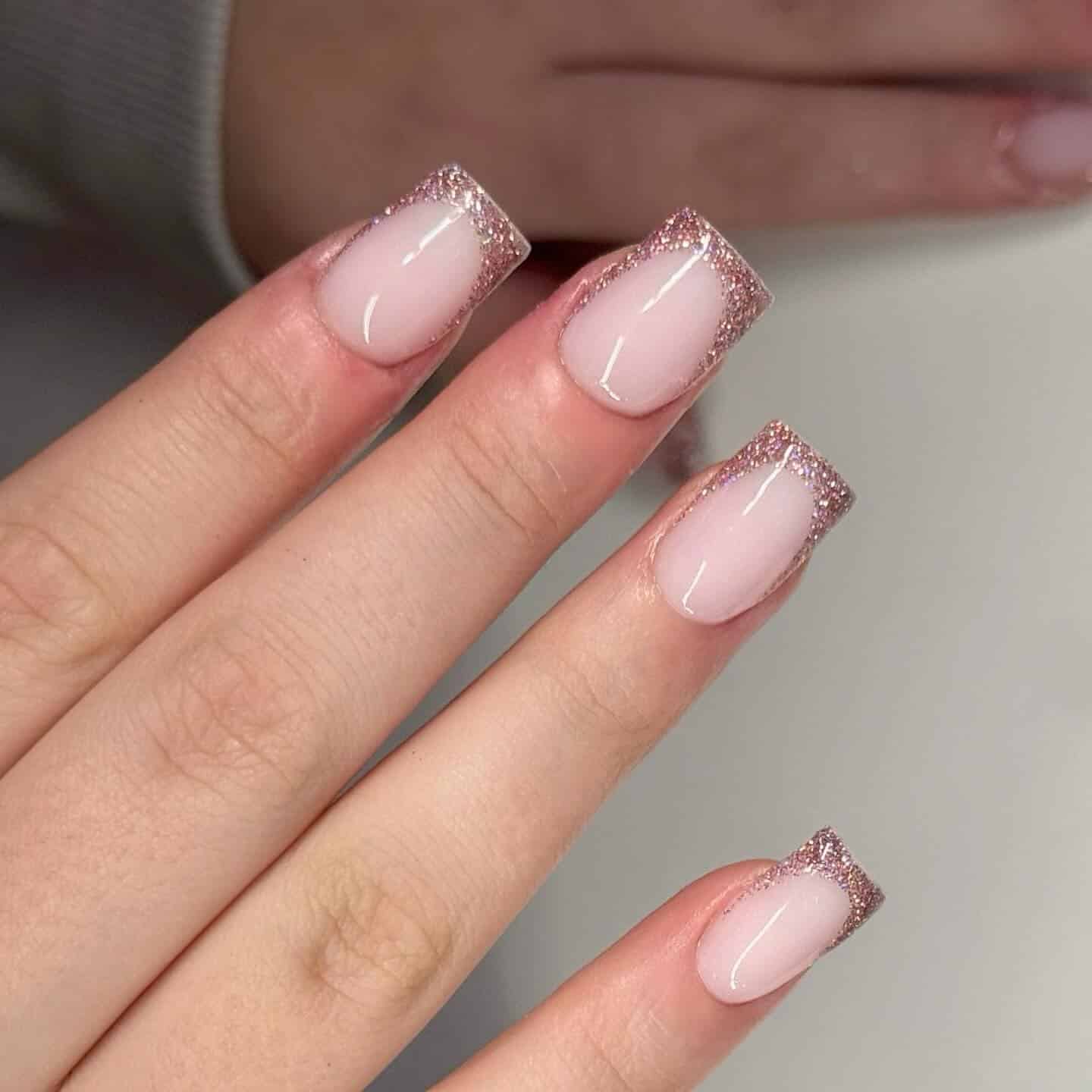 22. Sheer Blush Square with Rose Gold Glitter Tips - sparkly pink nail ideas
