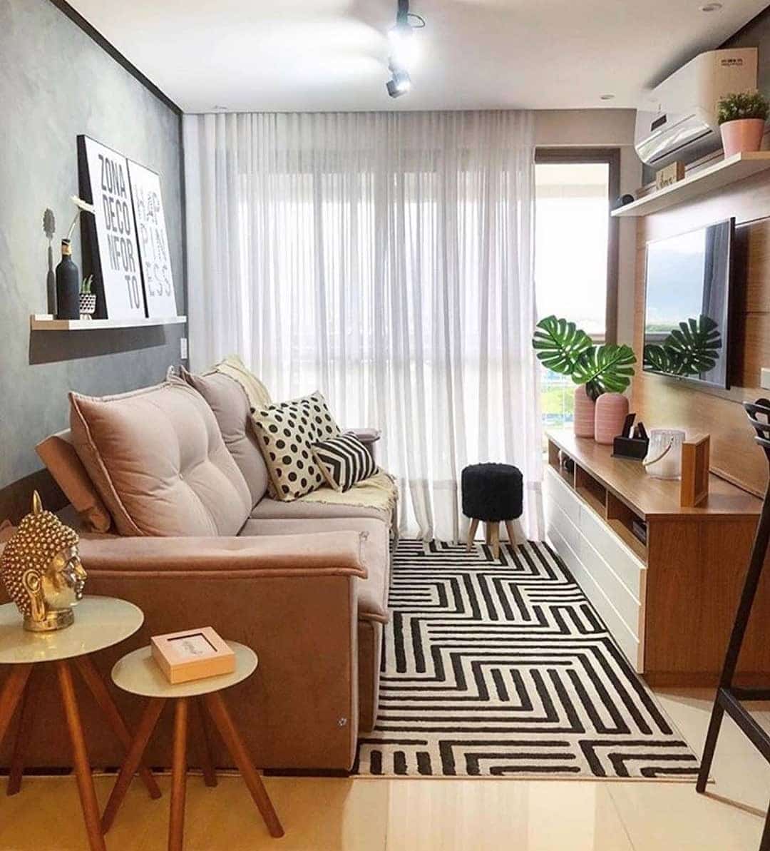 9. Contemporary Neutral Living with Graphic Details - tiny living room ideas