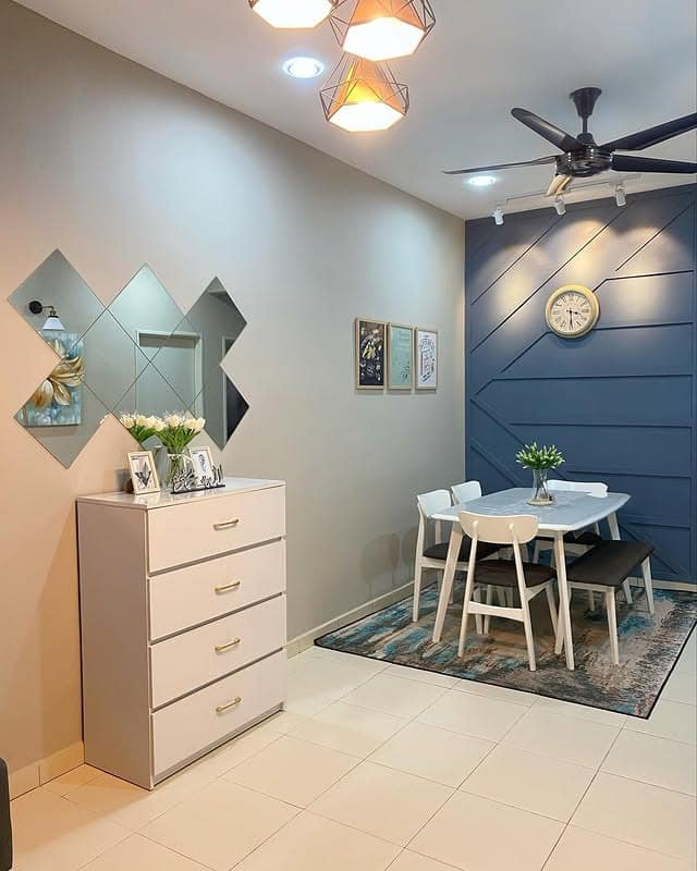 15. Contemporary Dining and Living Combo in Cool Tones - tiny living room ideas