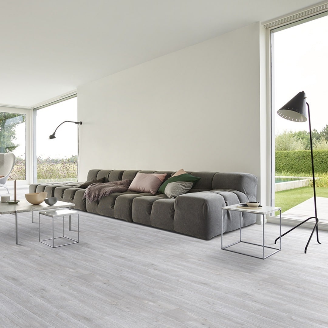13. Light Grey Wood Flooring for Modern Open Living - living room floor ideas