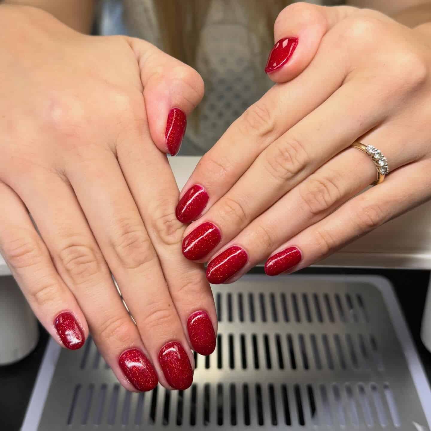8. Red Glitter French Outline Nails - sparkly red nail ideas