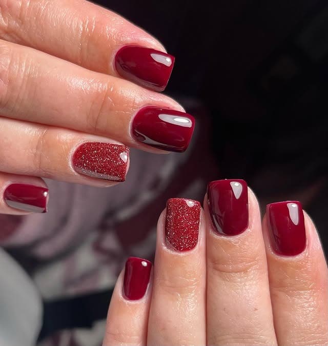 12. Burgundy Gloss and Glitter Accent Nails - sparkly red nail ideas