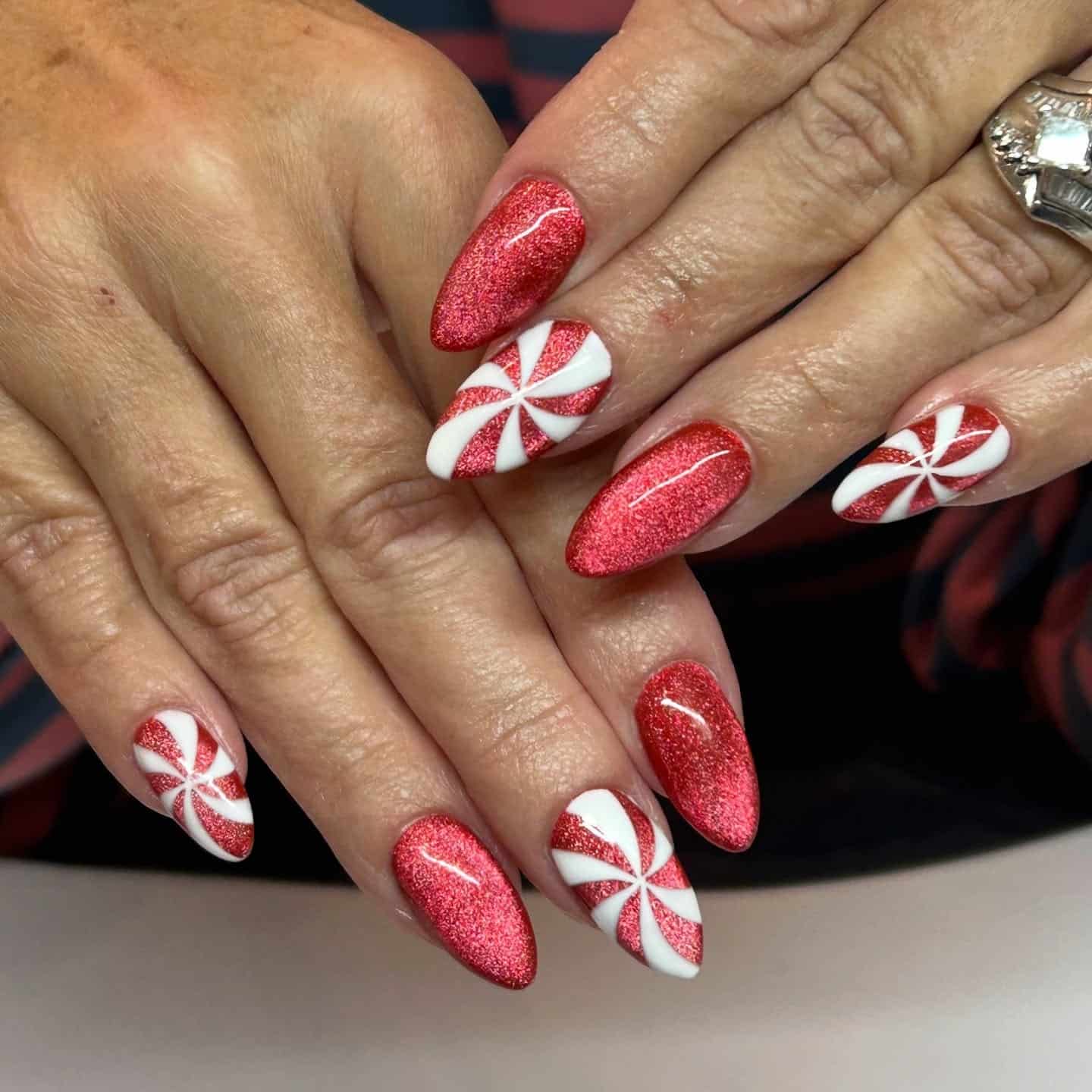 16. Red Metallic Peppermint Accent Nails - sparkly red nail ideas