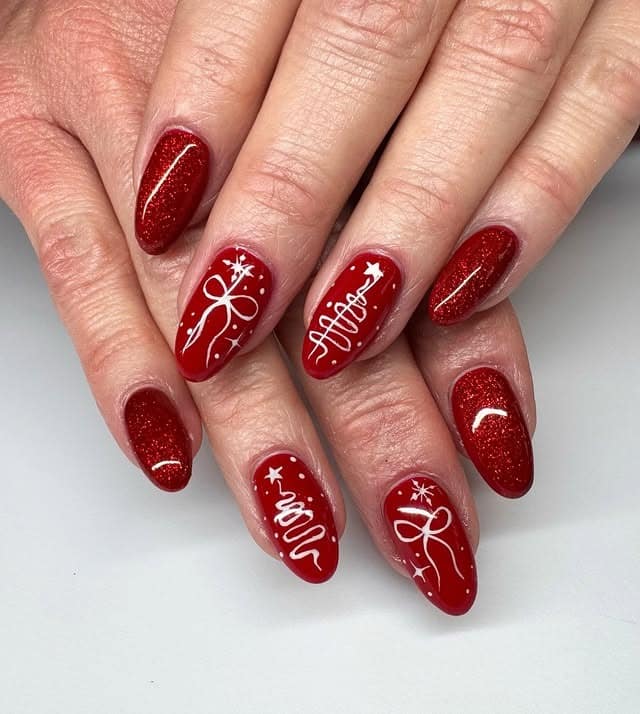 18. Red Script and Sparkle Almond Nails - sparkly red nail ideas