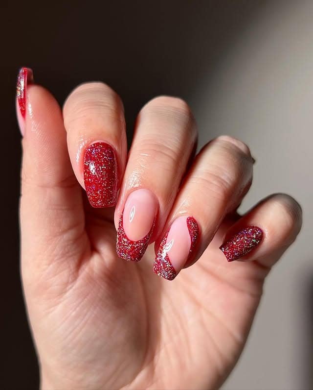 19. Red Glitter French with Nude Center - sparkly red nail ideas