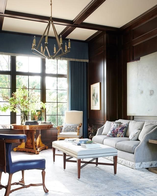 7. Dark Wood Paneling with Soft Blue Upholstery - formal living room ideas