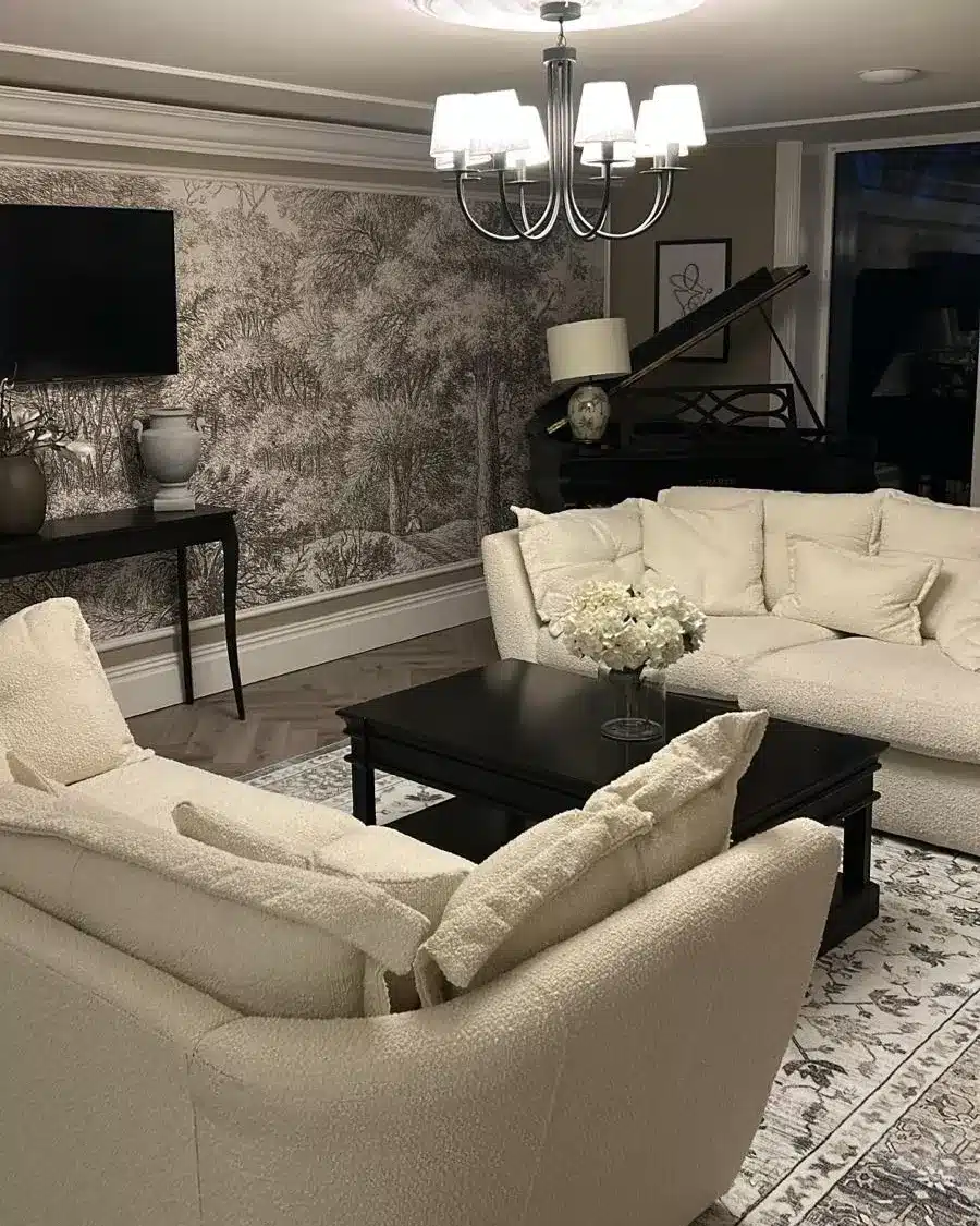 11. Cream Upholstery with Graphic Wallcovering - formal living room ideas