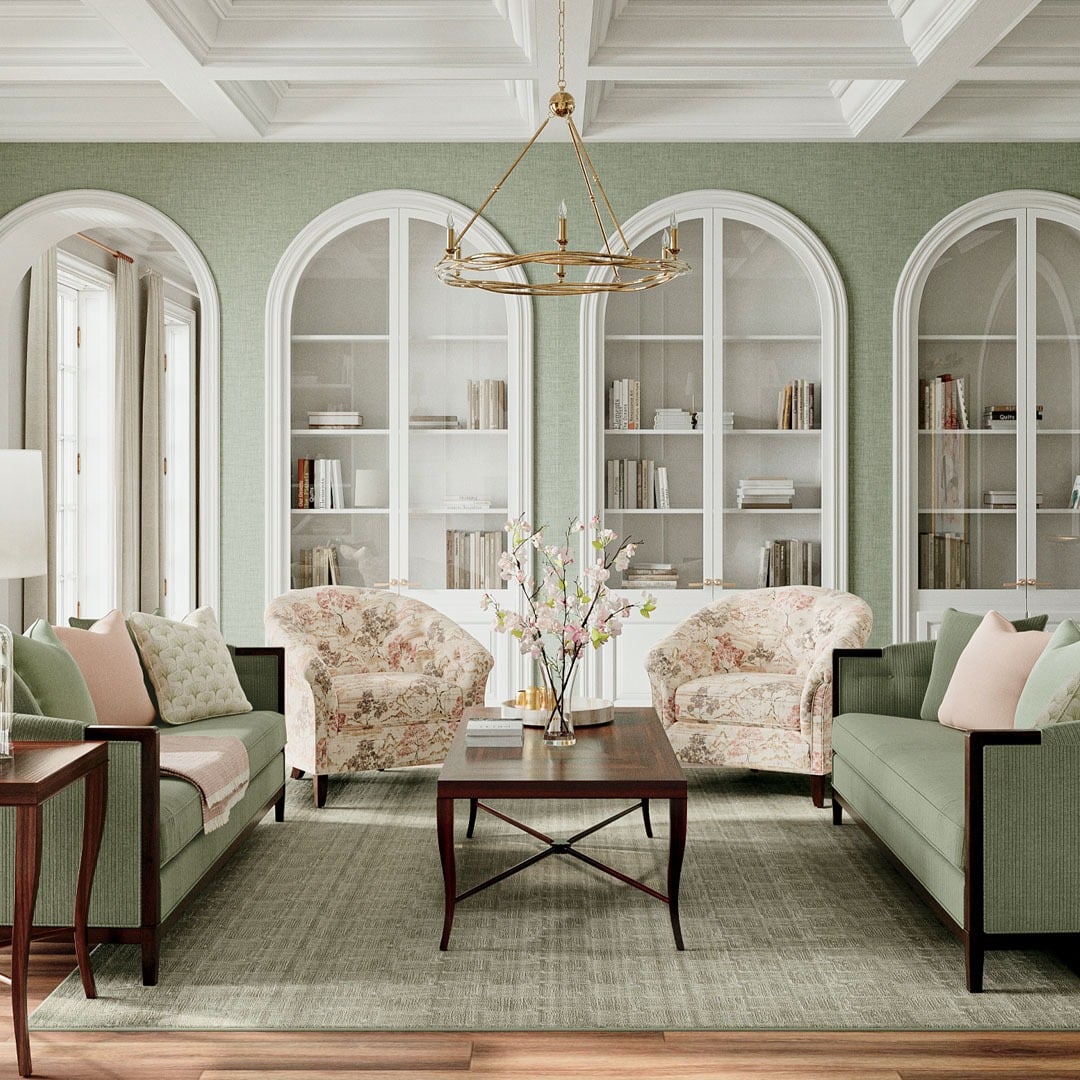 14. Soft Green and Cream with Symmetry - formal living room ideas