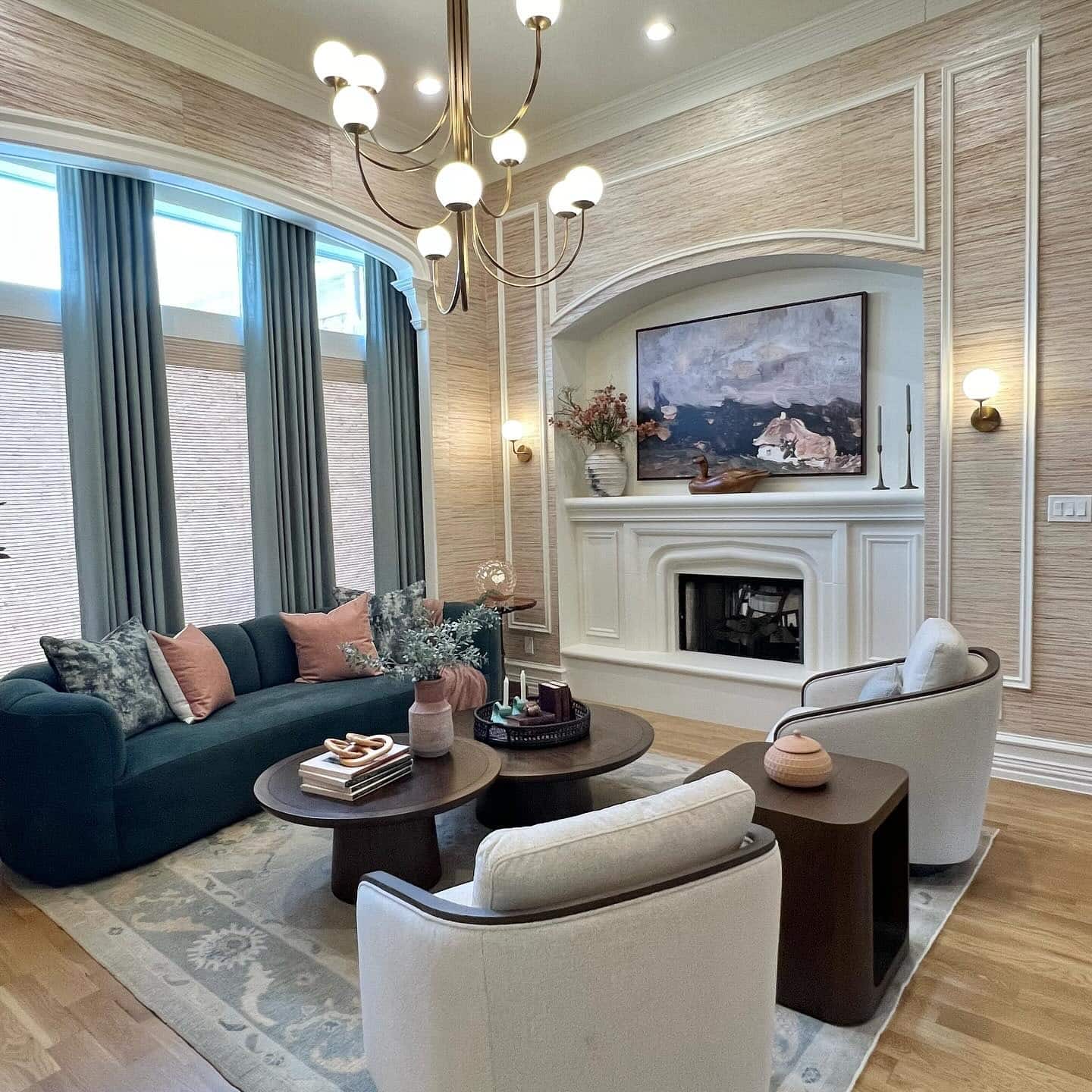 16. Warm Neutrals with Tailored Blue Seating - formal living room ideas