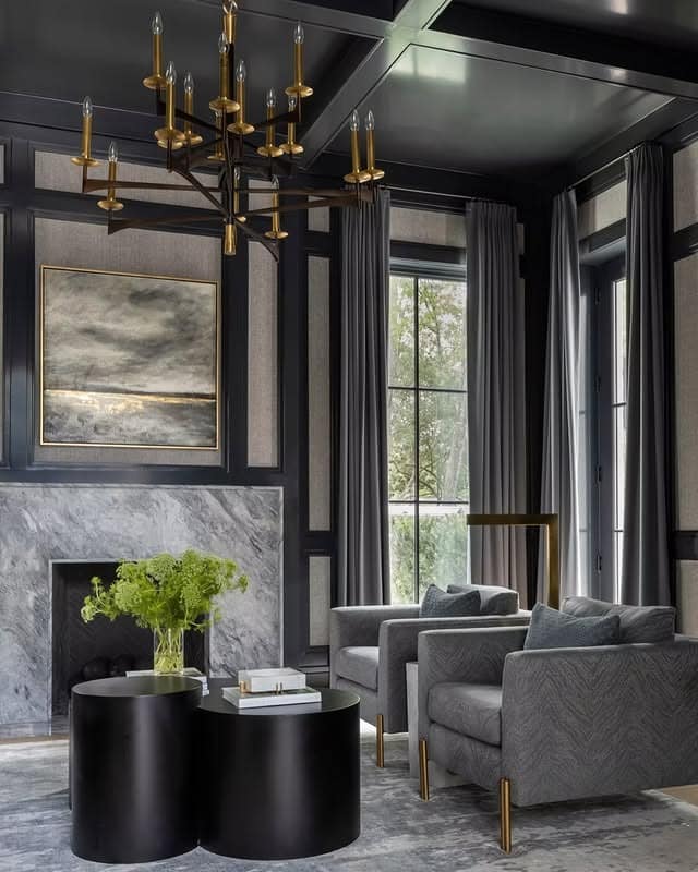 20. Dark Paneling with Stone and Soft Gray - formal living room ideas