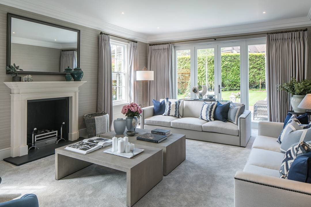 4. Light Grey Living Room with Blue Accent Details - blue and grey living room ideas