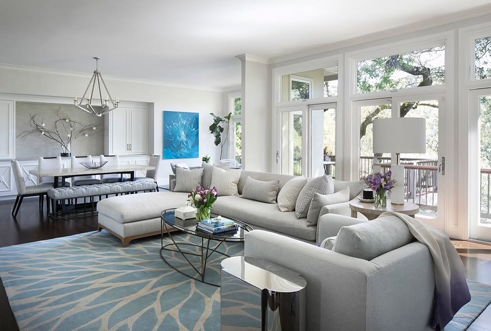 7. Open-Plan Blue and Grey Living Space - blue and grey living room ideas