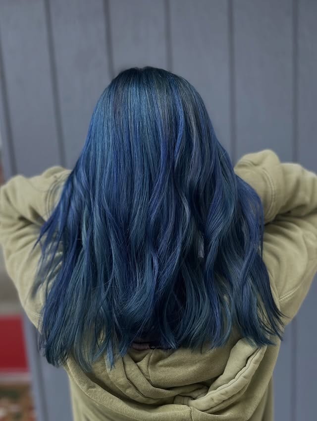 6. Denim Blue Lived-In Waves - Blue Hair Color