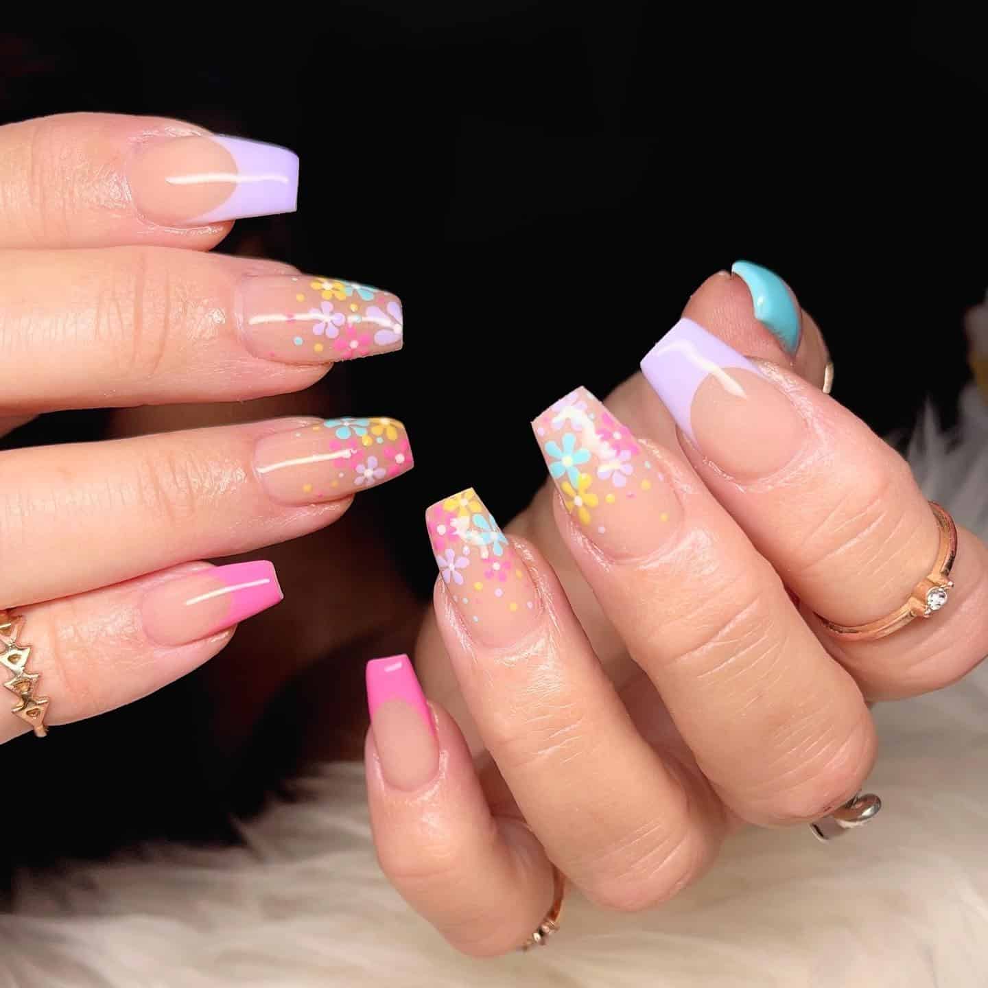 2. Floral Confetti French Tips - spring french tip nail ideas