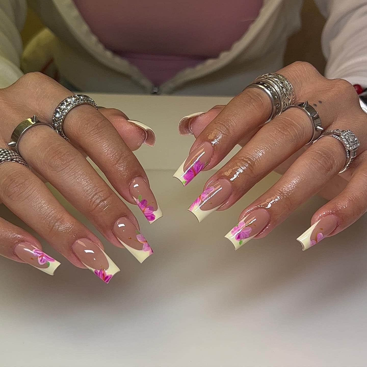 7. Soft Floral French with Cream Tips - spring french tip nail ideas