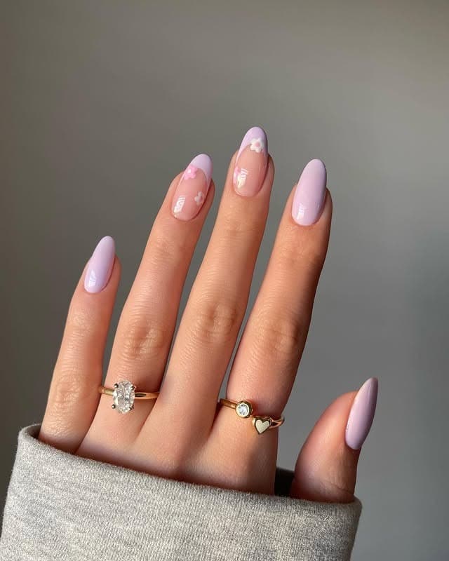 9. Lavender Almond French with Minimal Florals - spring french tip nail ideas