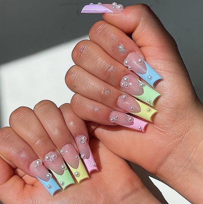 15. Pastel Rainbow French Tips with Pearl Details - spring french tip nail ideas