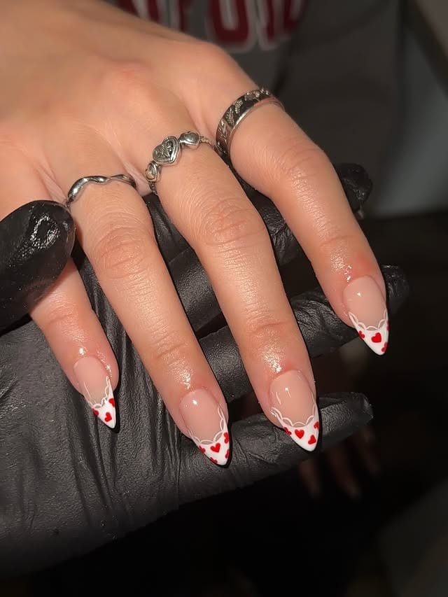 22. Red Heart Accent French Tips - spring french tip nail ideas