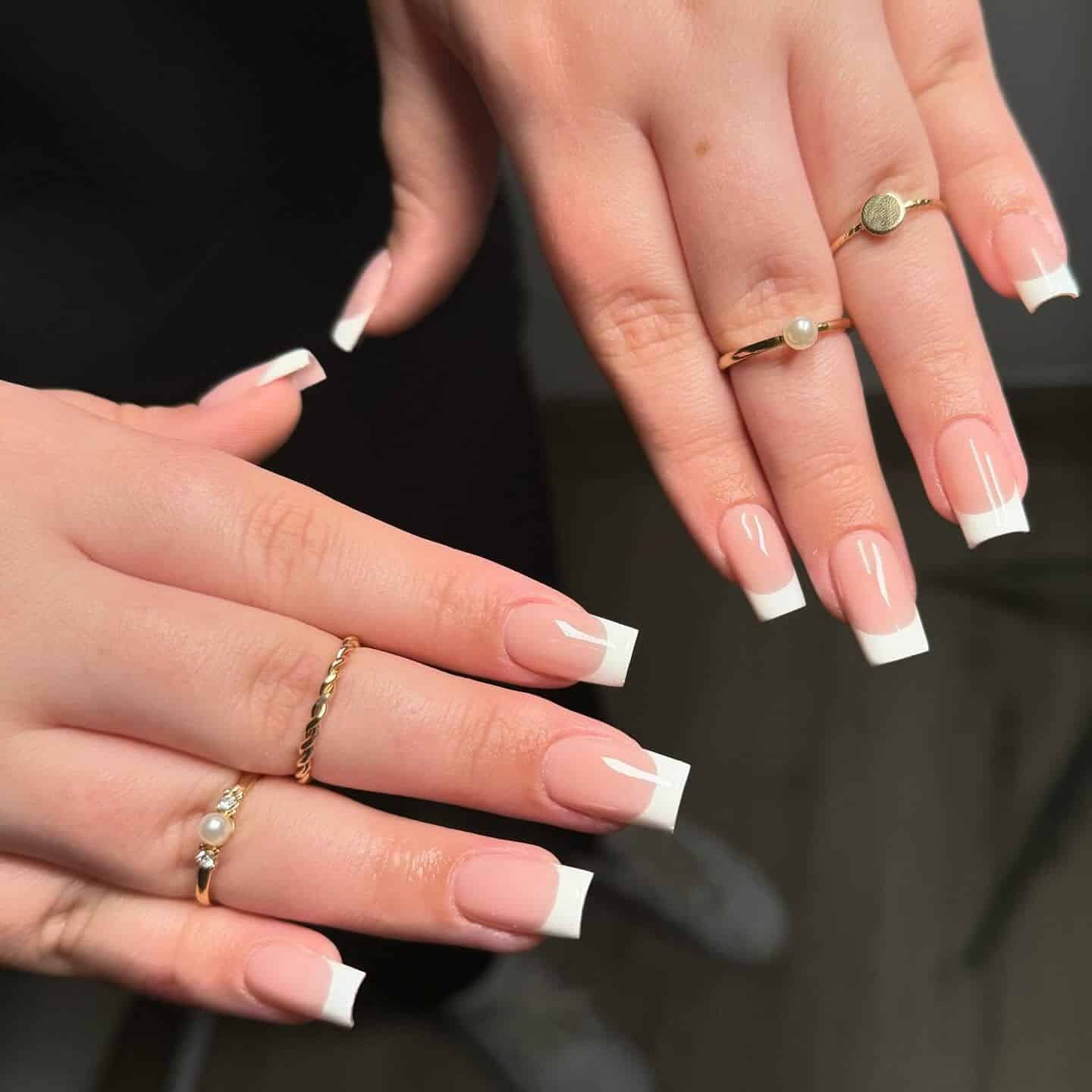 2. Soft Nude Square French with Sharp White Tips - square french tip nail ideas