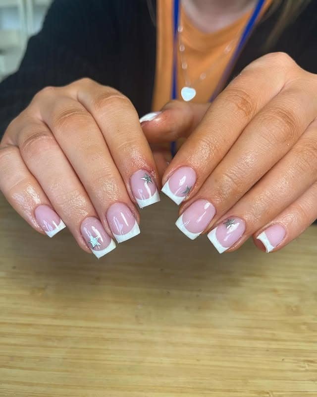 4. Square French with Star Accent Details - square french tip nail ideas