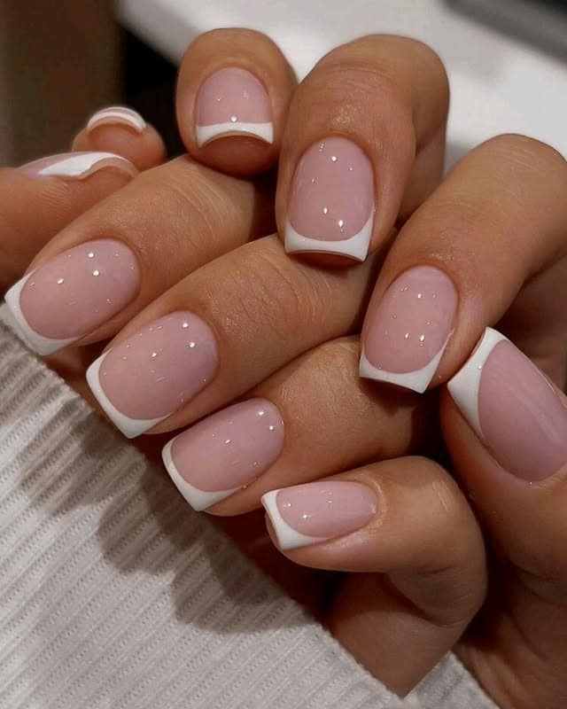 13. Short Square French with Natural Pink Sheen - square french tip nail ideas