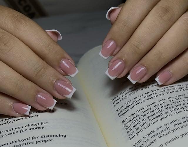 14. Classic Square French with Sheer Pink Overlay - square french tip nail ideas