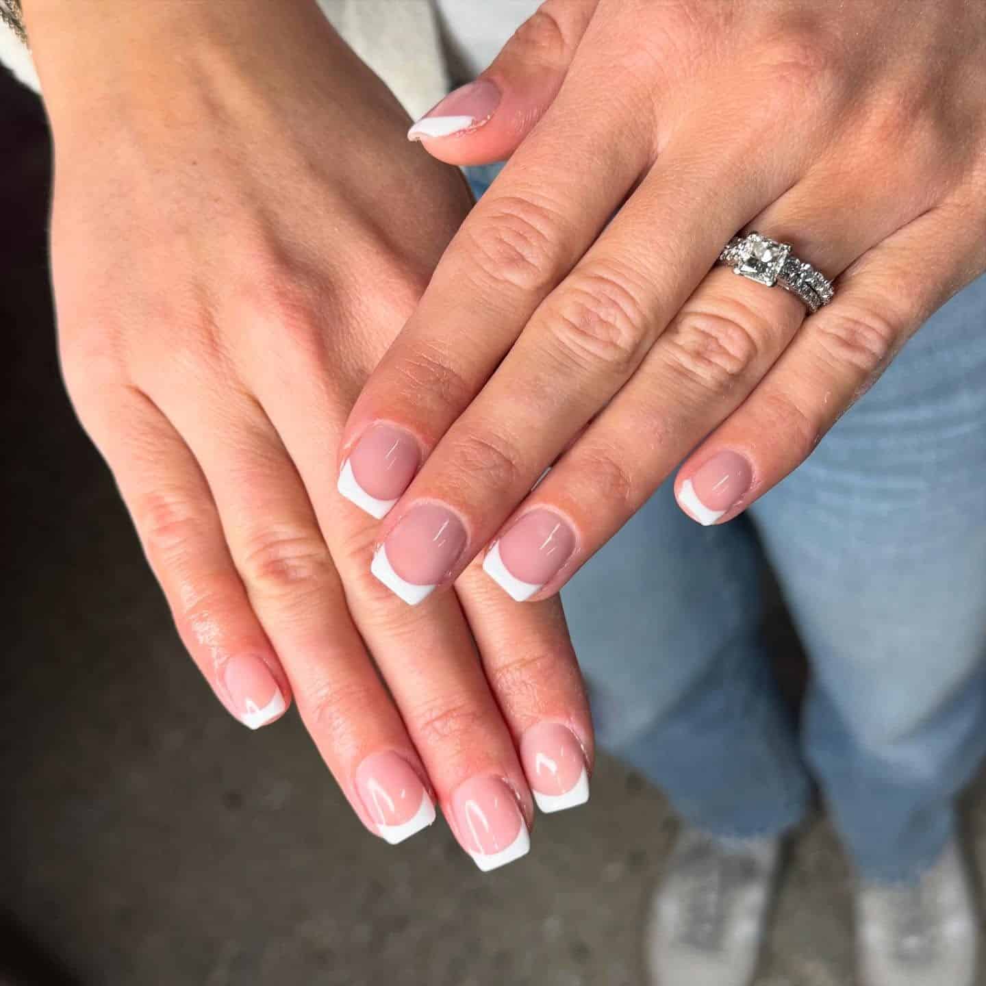 20. Bridal-Inspired Square French with Blush Pink Base - square french tip nail ideas